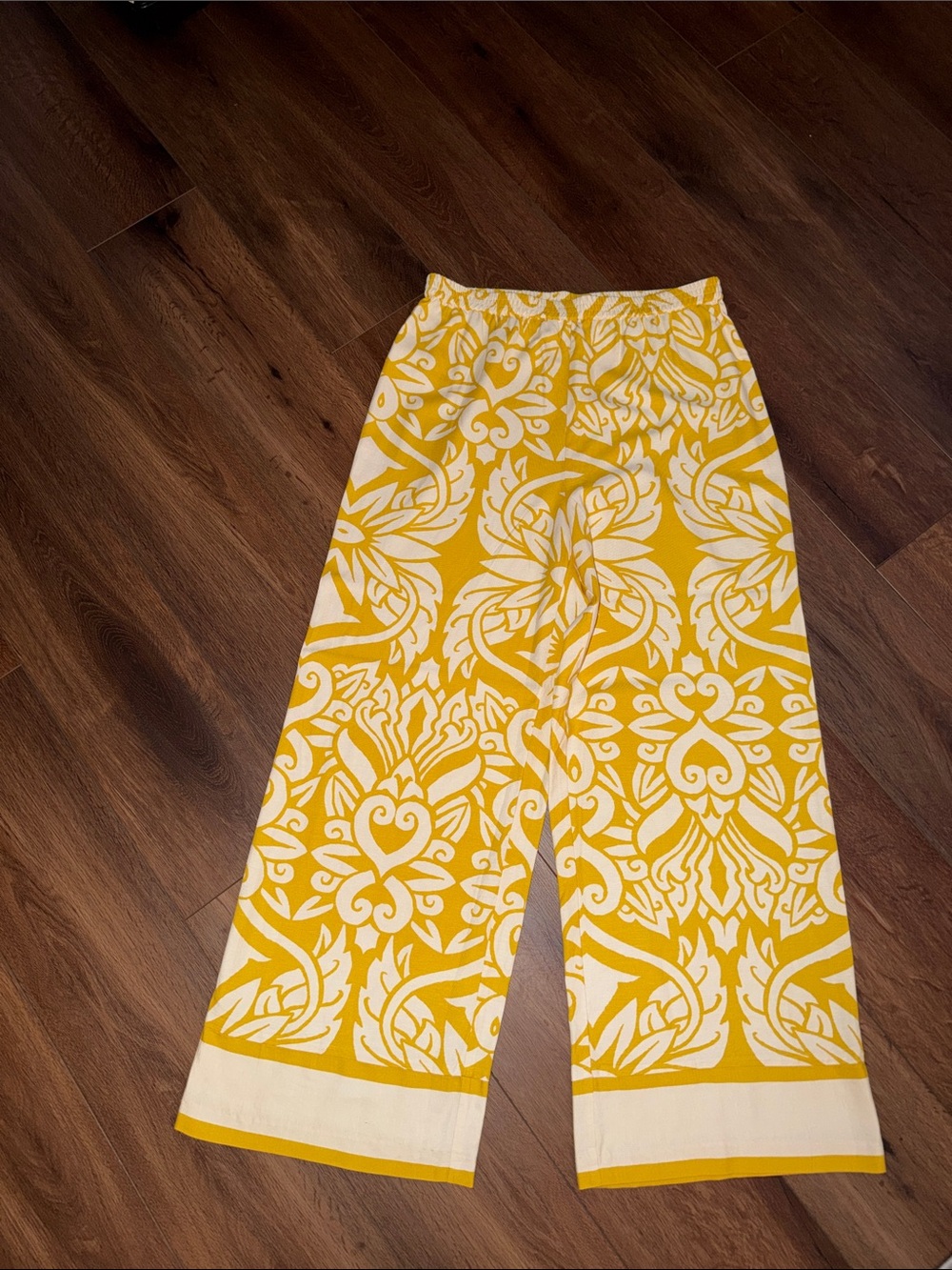 Medium Yellow & White Linen Blend Printed Wide-Leg Pull-On Pants